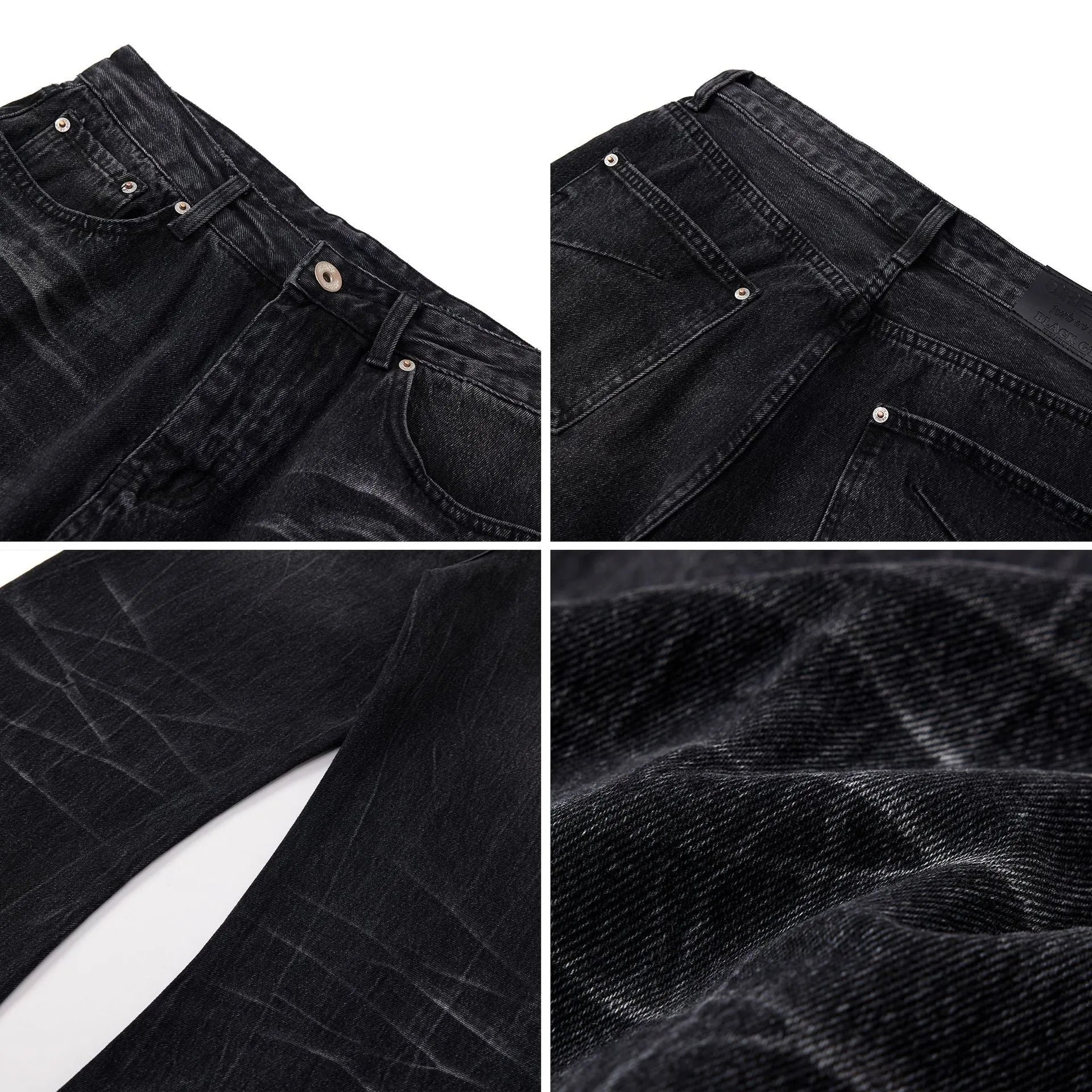 American washed old lightning crack straight-leg jeans in black cotton for men