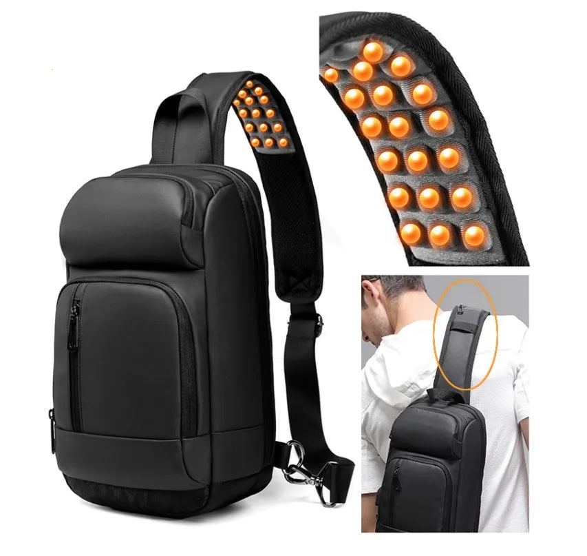 Black PVC outdoor leisure shoulder bag with air cushion strap and internal organisers