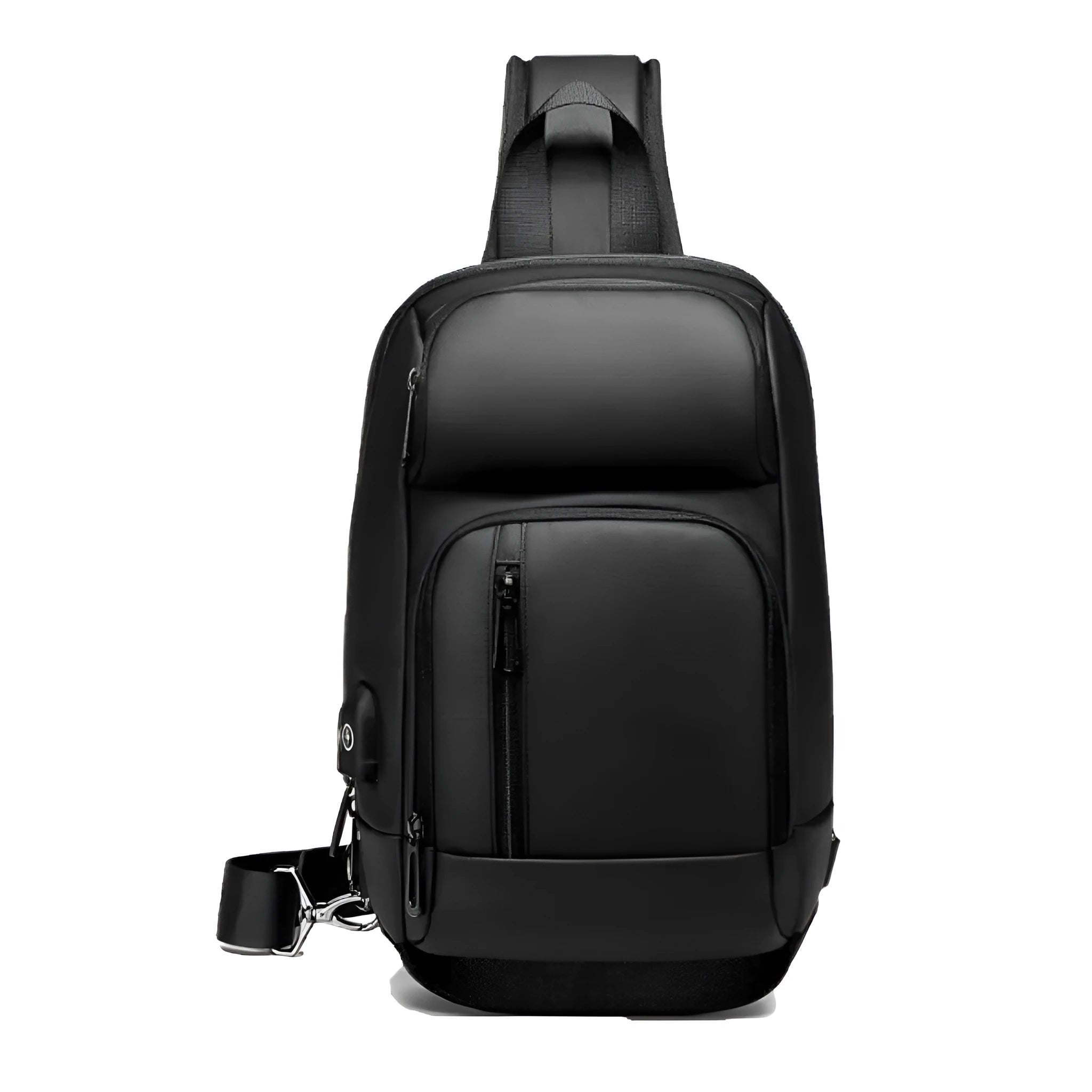 Black PVC outdoor leisure shoulder bag with air cushion strap and internal organisers