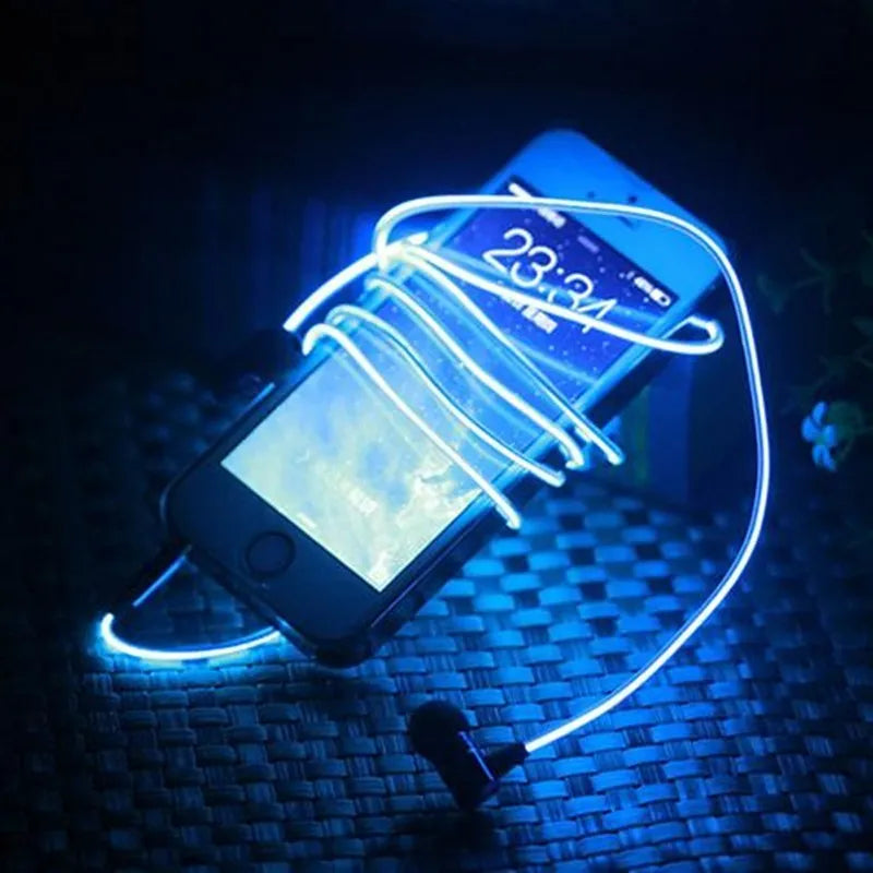 Blue light-up LED earphones with remote microphone and 3.5mm plug, compatible with iPhone.