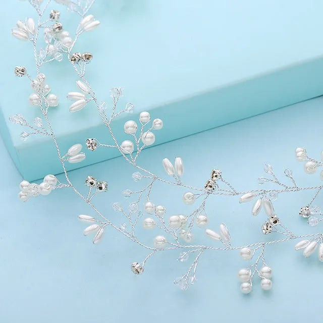 Bride's long hair band wedding accessory with crystal and pearl decoration in gold silver rose gold colours