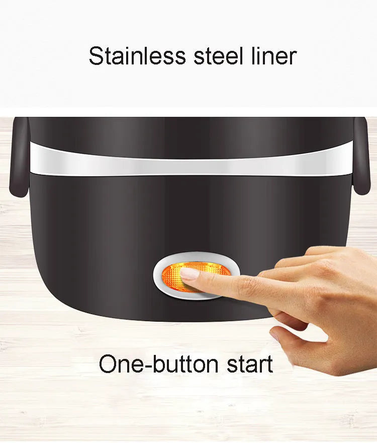 USB-powered multi-function lunch box showing two-layer and three-layer insulated containers