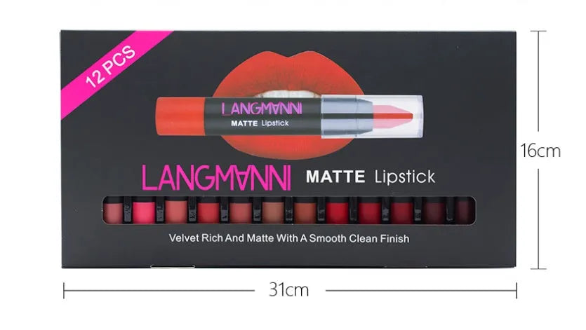 Non-stick cup matte velvet lipstick set with 12 long-lasting 3.5g lipsticks in a range of colours