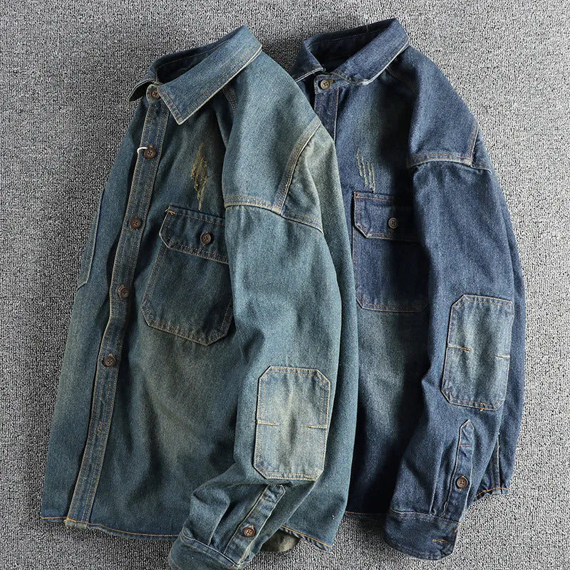Men's light blue washed vintage denim shirt with long sleeves loose fit