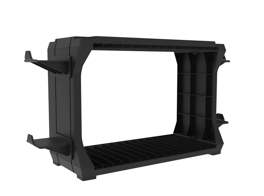 Black PS5 disc holder and controller stand showing game slots and four controller rests.