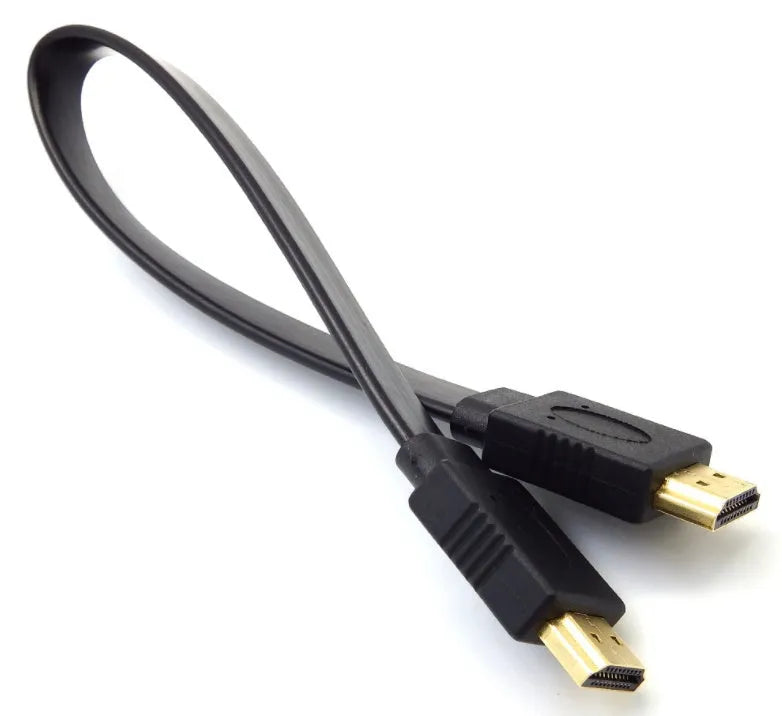 Flat black HDMI cable with male connectors showing length options from 0.3 to 10 metres