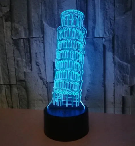 3D acrylic Leaning Tower of Pisa LED nightlight with seven colour options on black base