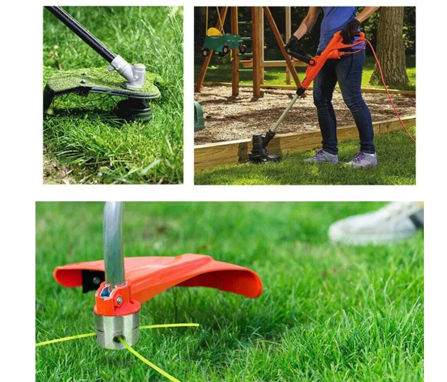 Silver aluminium lawn mower grass trimmer head with four light yellow square cords and a wrench