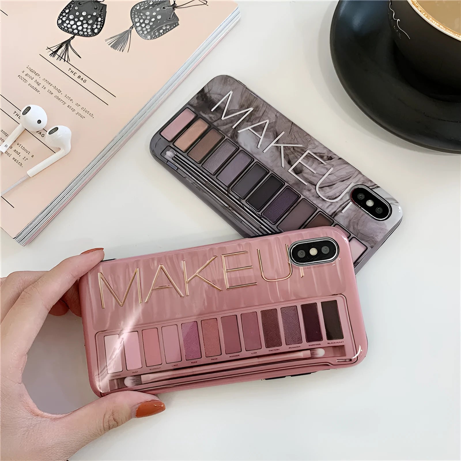 Silicone iPhone case with eye shadow design in flesh and grey colours.