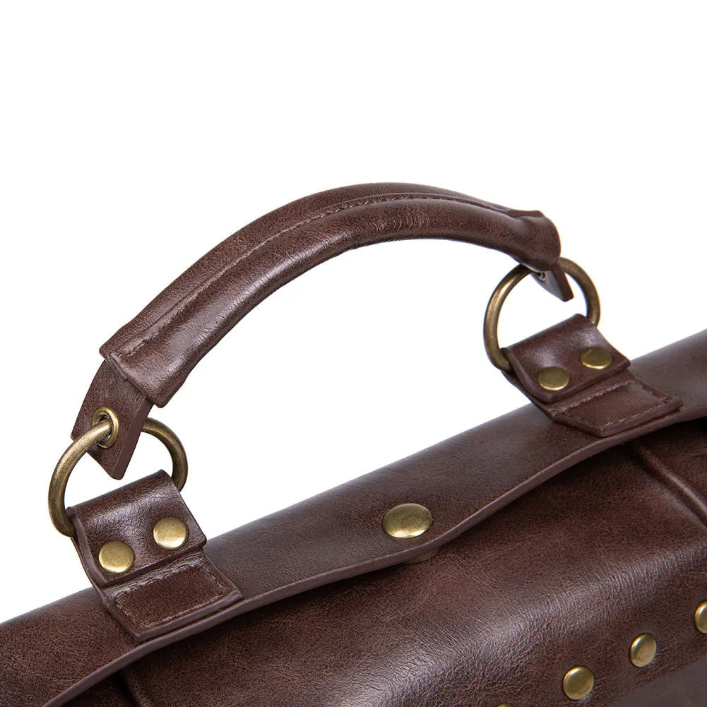 Bronze steampunk pillow shoulder bag with metal details on a horizontal square shape