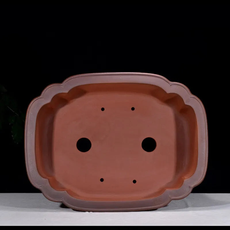Large rectangular purple clay flowerpot with antique jade finish and Chinese crabapple carvings
