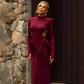 Long sleeve high collar slim fit pleated backless dress in polyester fabric