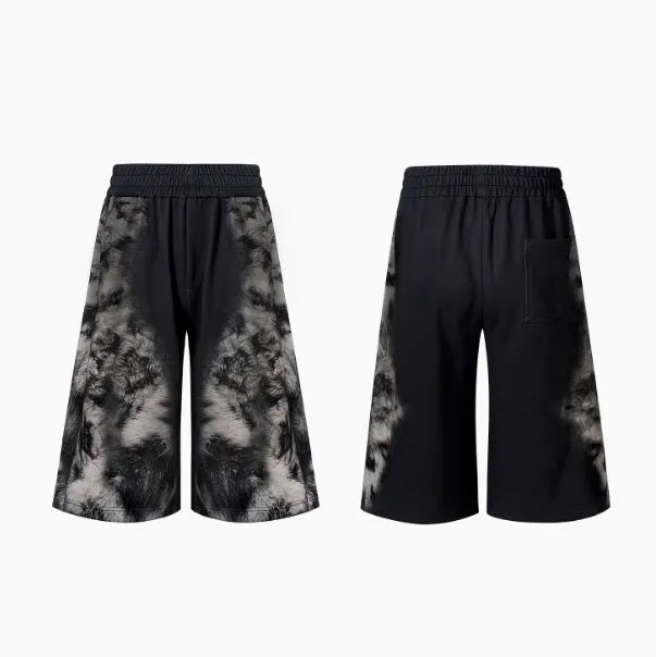 Printed loose trousers set with hoodie and seven-inch pants in polyester streetwear