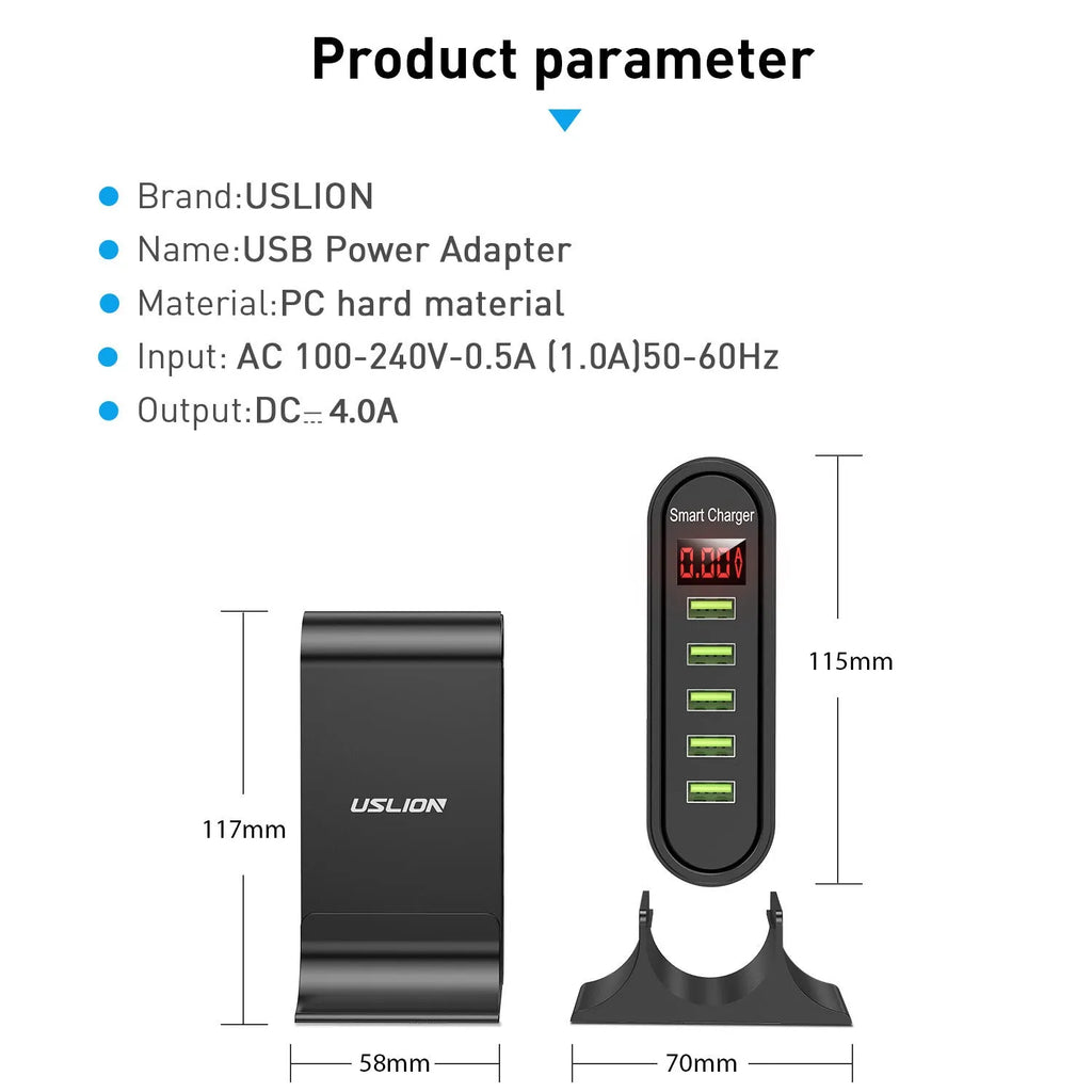 Smart black USB charger with LED digital display and UK plug, showing 5V output.