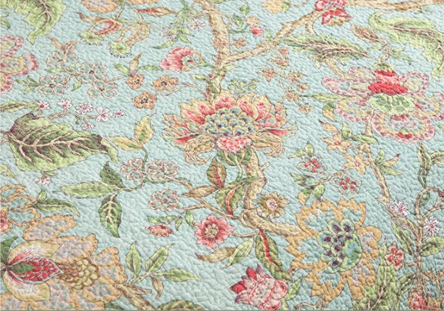 Blue American floral cotton bedspread quilt set with botanical pattern measuring 230x250 cm