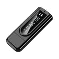 Black USB car FM Bluetooth receiver for wireless audio streaming and hands-free calls.
