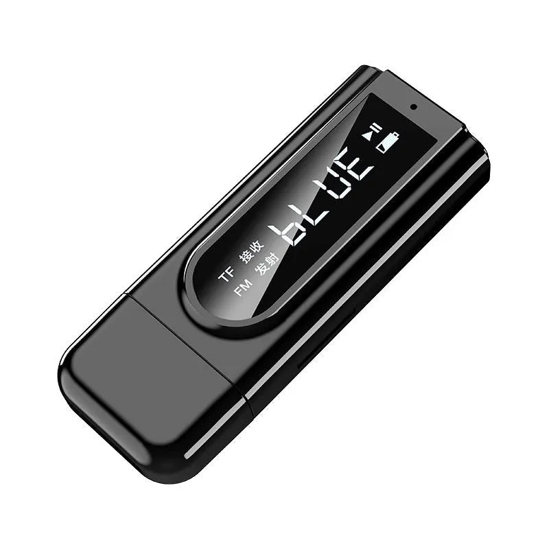 Black USB car FM Bluetooth receiver for wireless audio streaming and hands-free calls.