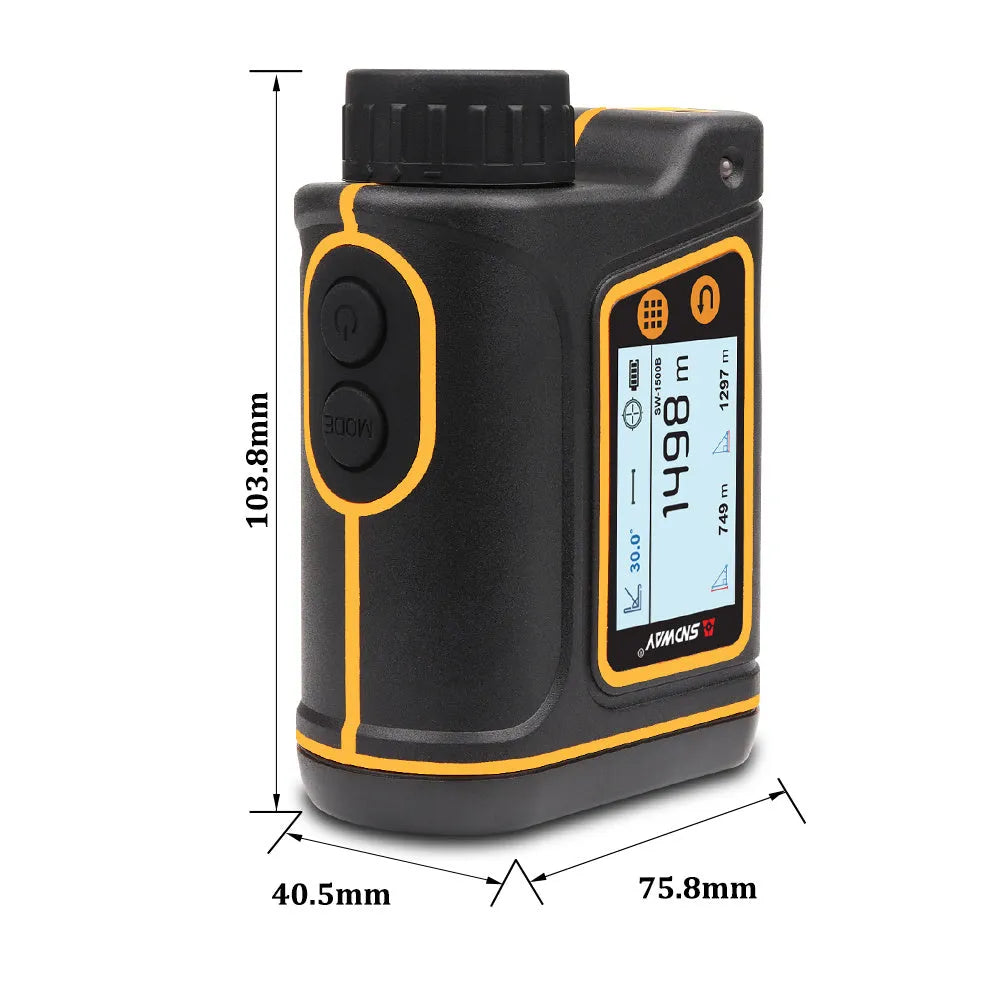 Handheld golf and outdoor laser rangefinder showing compact design on palm