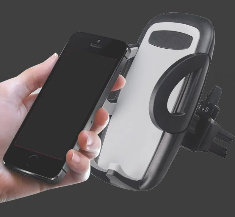 Black car mobile phone holder mounted on air conditioning vent with adjustable clamp for smartphones