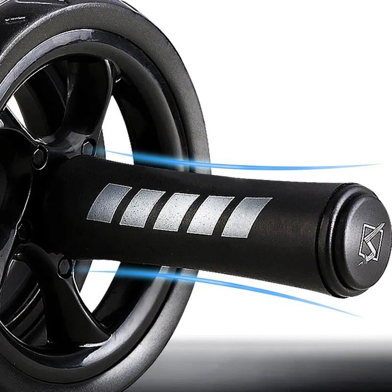 Black silent two-wheel abdominal roller with foam handles on a white background