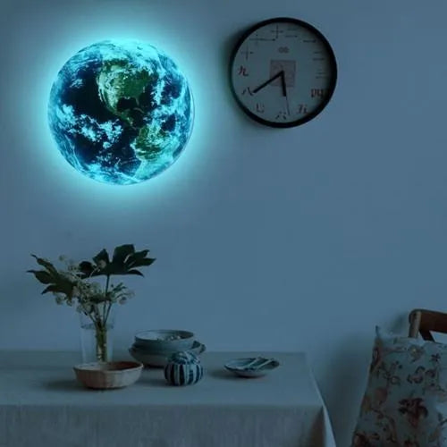 Glow in the dark 3D Earth wall sticker showing luminous planetary design on wall surface