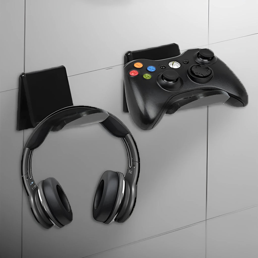 Universal plastic wall mount bracket holding a game controller, shown in black, white, and transparent colour options.