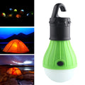 Blue portable LED camping lantern with hanging hook, showing compact size and three light mode buttons.