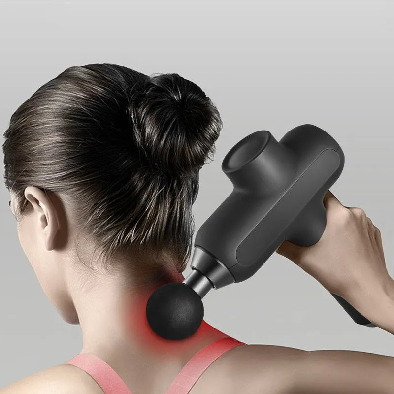 Rechargeable muscle massage gun with six different coloured massage heads on a black background.
