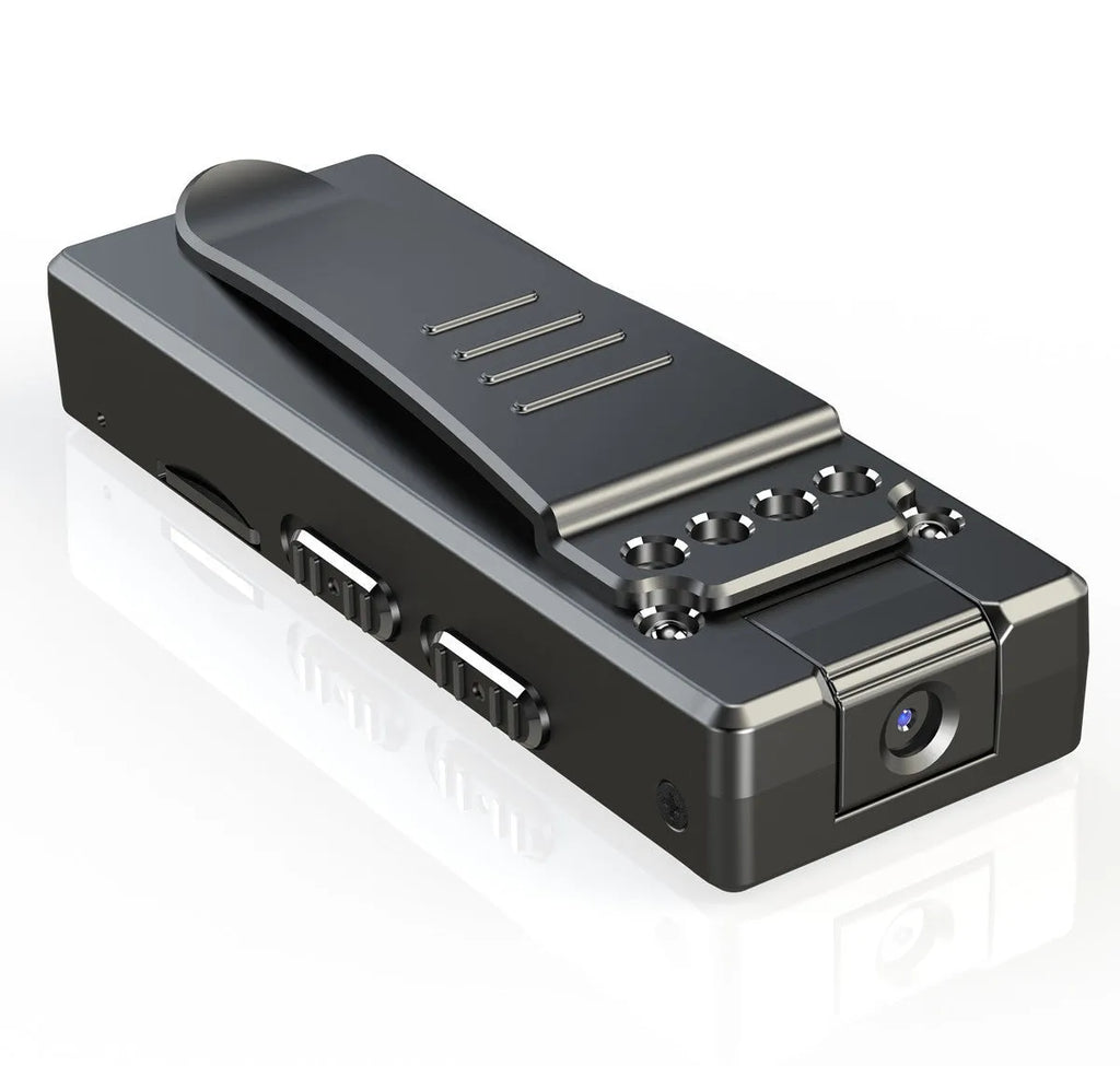 Black 1080p HD digital video camera on a stand showing its 90-degree rotation capability.