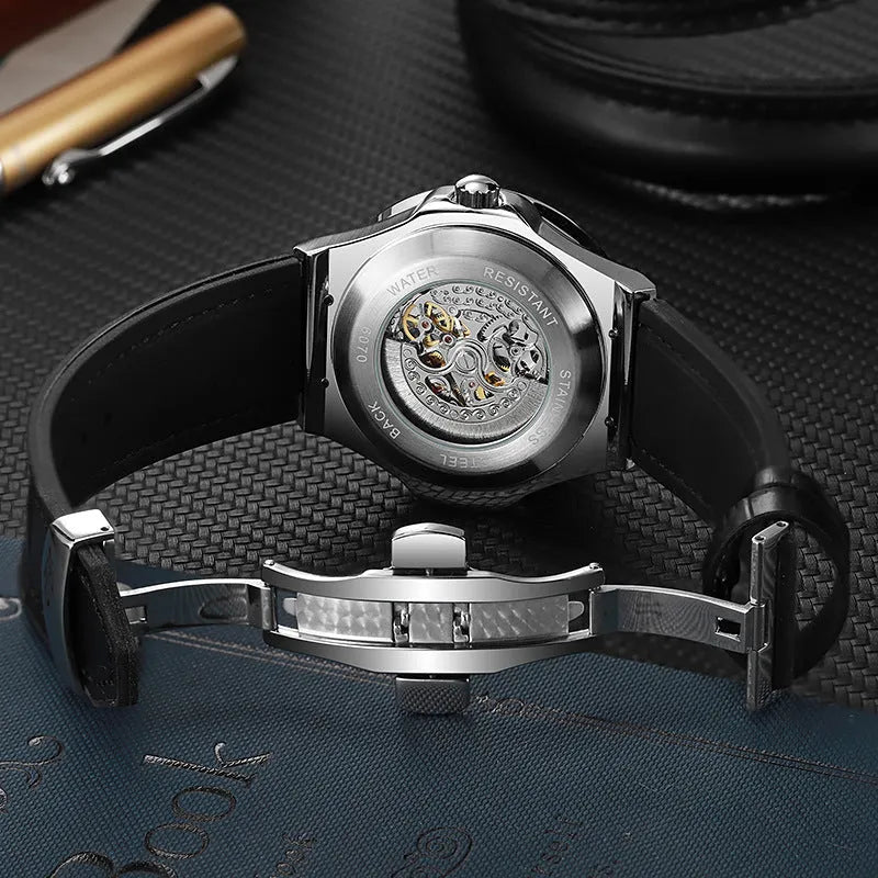 Automatic mechanical men's watch with hollow movement, diamond studding, and white shell case