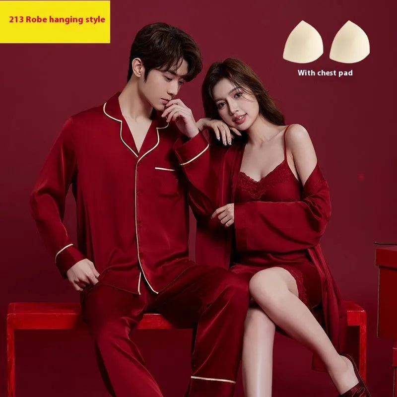 Red men's and women's matching sleepwear set with long sleeves and trousers for wedding and home wear