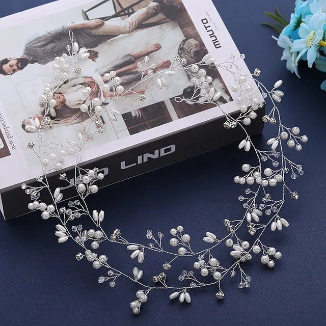 Bride's long hair band wedding accessory with crystal and pearl decoration in gold silver rose gold colours