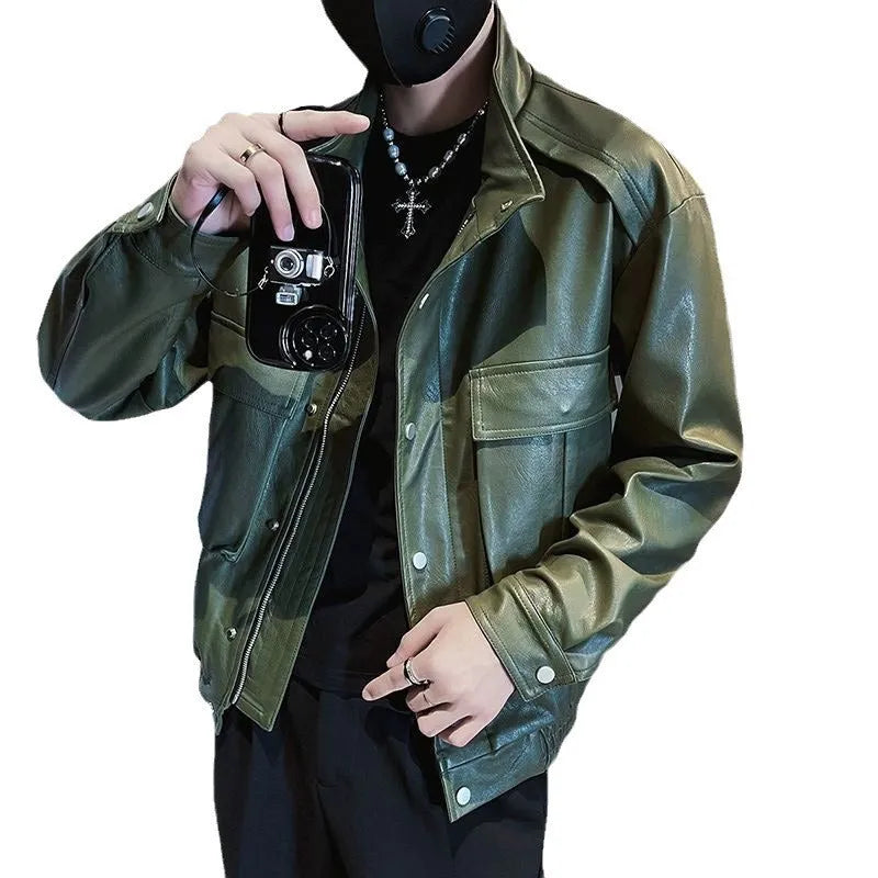 Men's black PU leather pilot jacket with a straight hem and side pocket, laid flat.