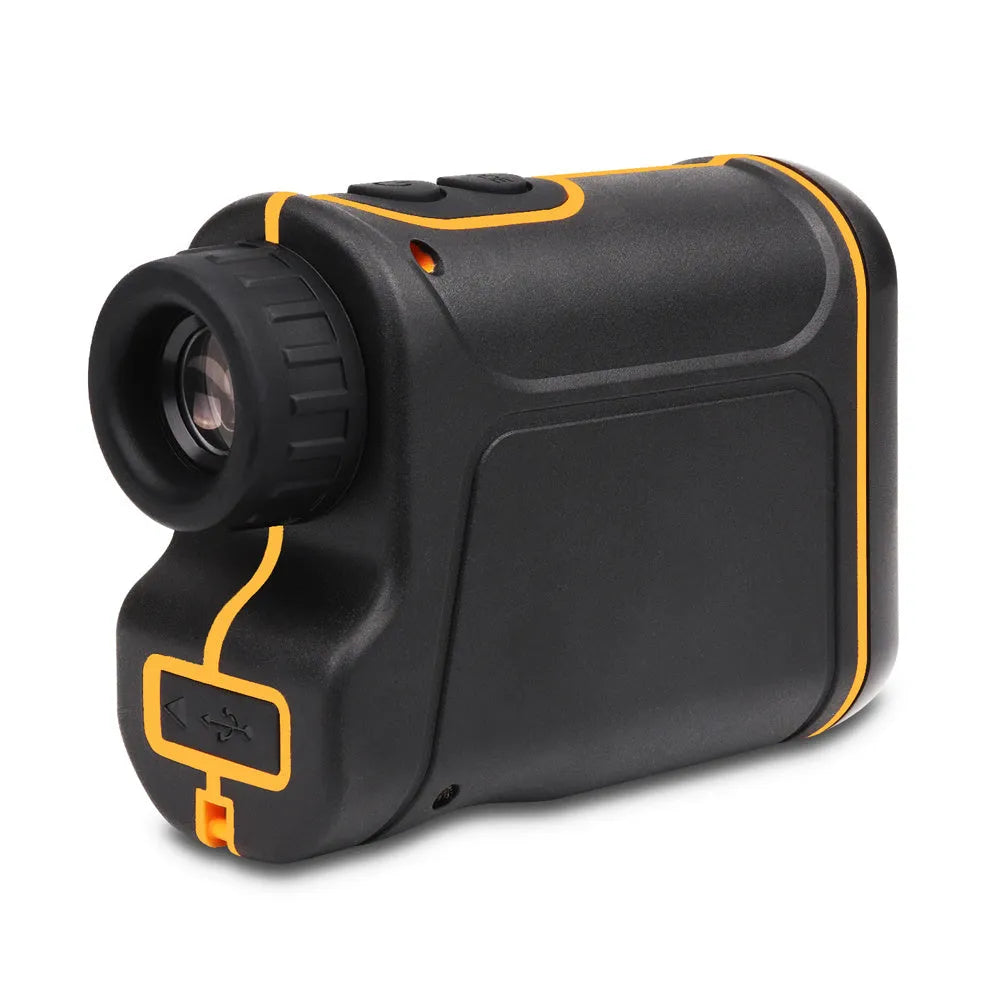 Handheld golf and outdoor laser rangefinder showing compact design on palm