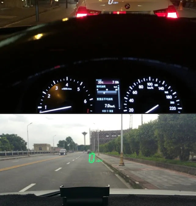 A100 OBD II head up display projecting vehicle speed on windscreen, with white or green light option