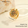 Geometric pleated inlaid colour diamond titanium steel ring on a hand, showing open mouth adjustable design.