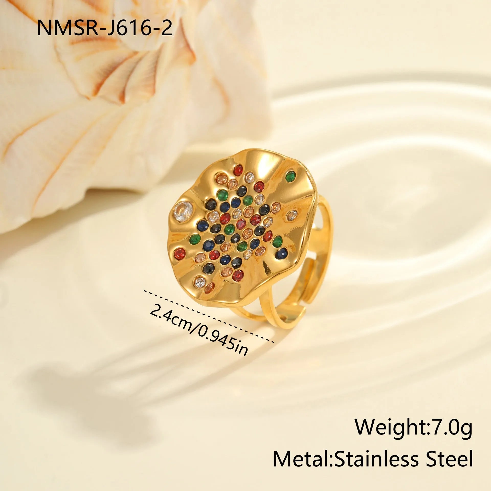 Geometric pleated inlaid colour diamond titanium steel ring on a hand, showing open mouth adjustable design.