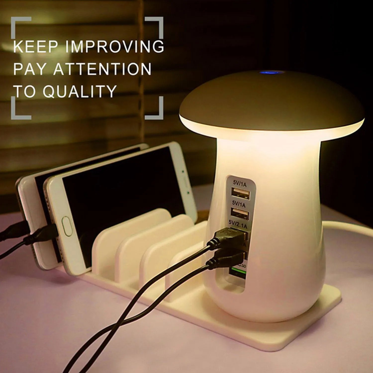 White mushroom-shaped USB charging station with five ports and LED night light for phones and tablets