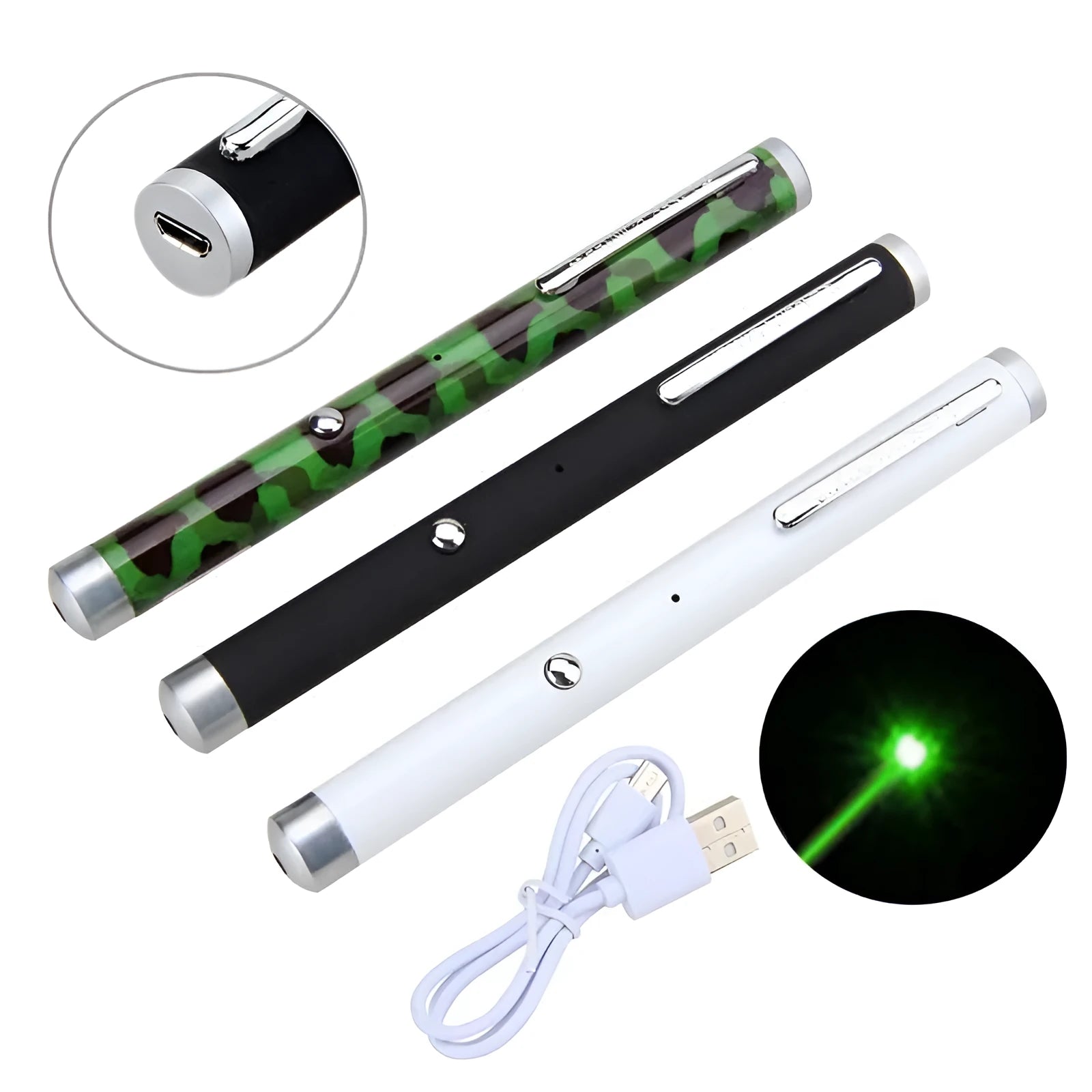 Green laser pointer pen in black, camouflage, or white with a 5mW output and durable construction