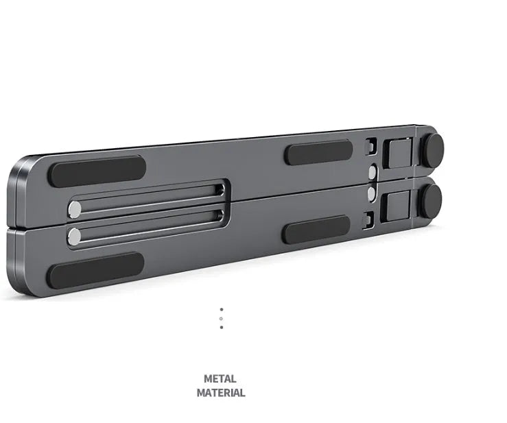 Portable aluminium laptop stand folded flat next to an open laptop showing its adjustable height.