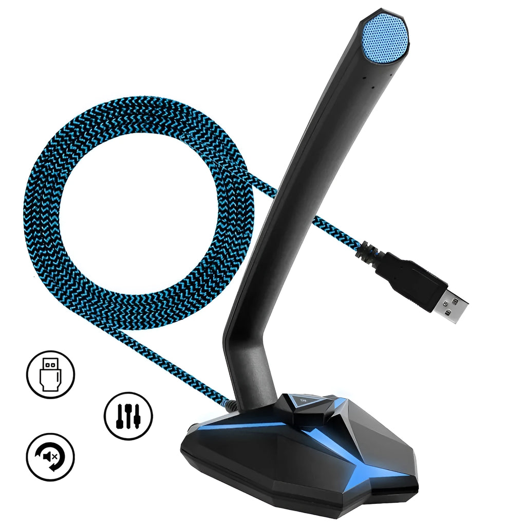 G33 blue omnidirectional USB gaming microphone on desk with 1.5-metre cable