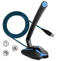 G33 blue omnidirectional USB gaming microphone on desk with 1.5-metre cable