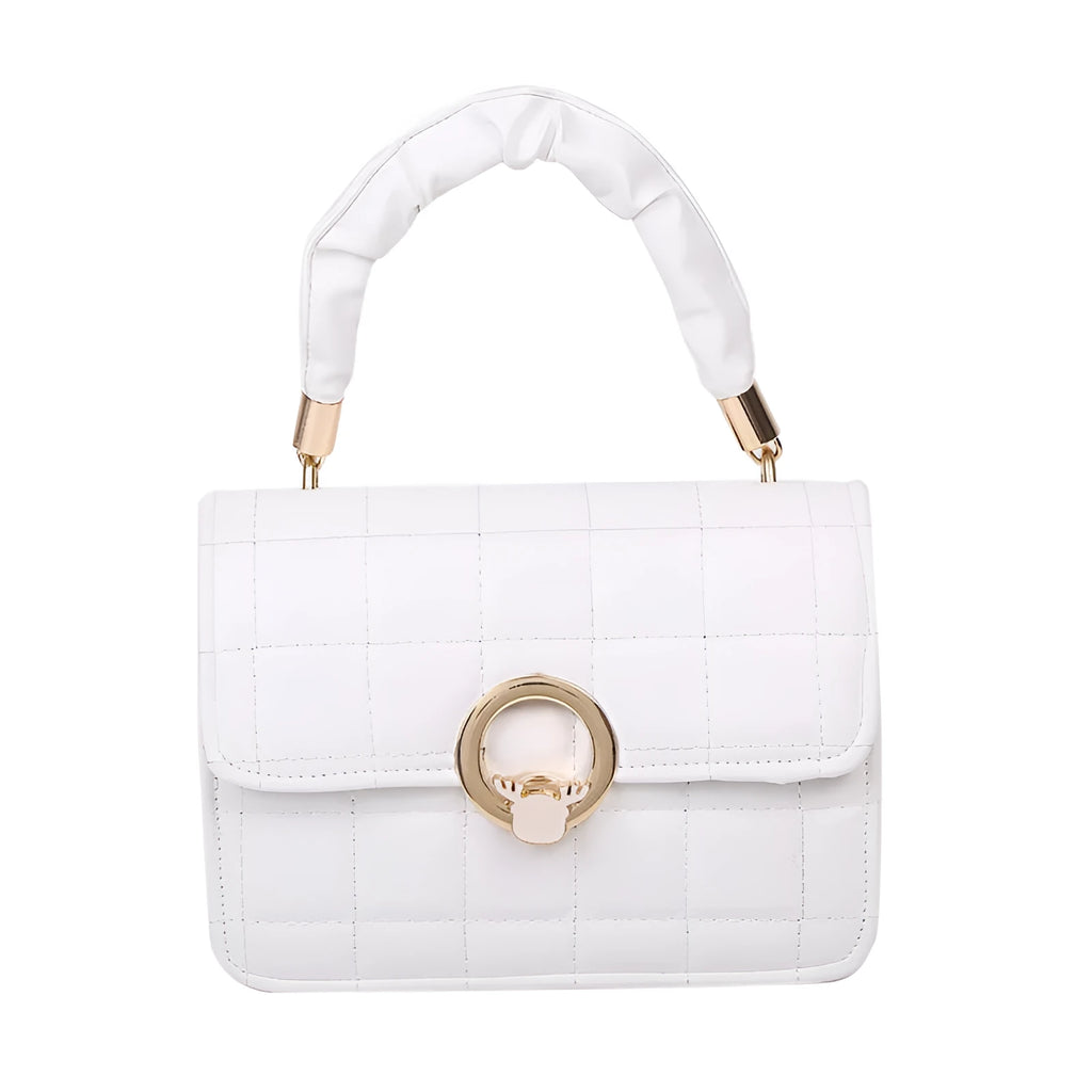 Small square PU messenger bag with embroidery thread detail, solid colour, crossbody style