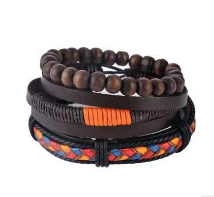 Hand-woven leather bracelet with wooden beads and adjustable design for vintage punk style
