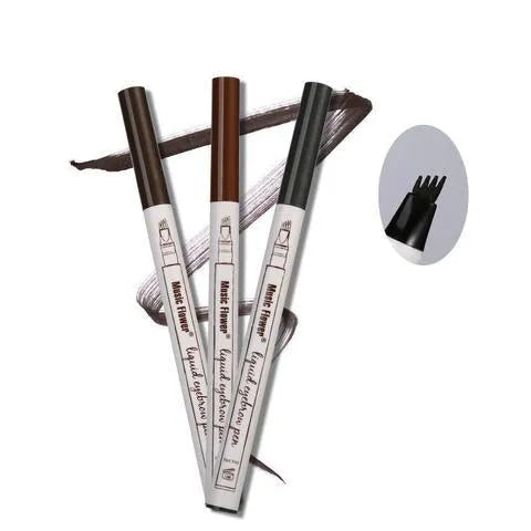 Music Flower waterproof natural eyebrow pen with four-claw fork tip, available in Chestnut, Brown, and Dark Grey