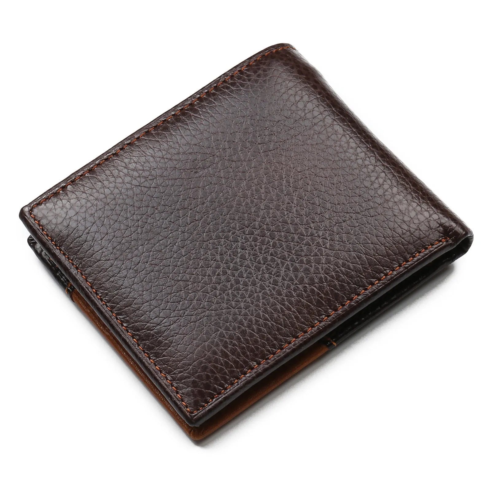 Soft leather men's wallet with personality stitching showing card slots and zipper compartment