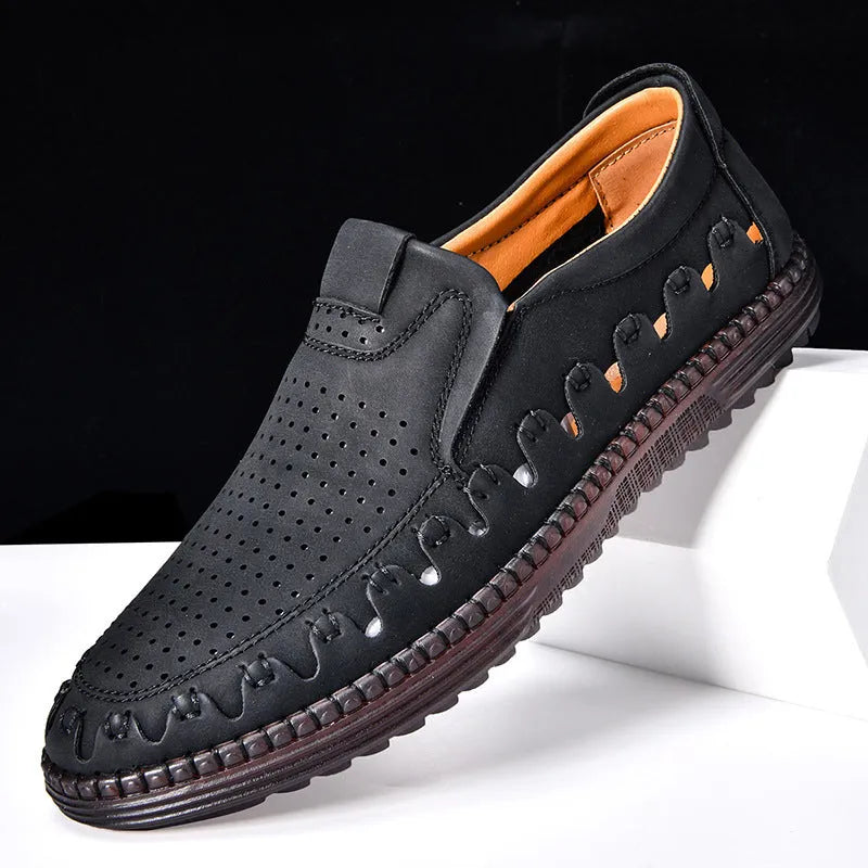 Men's brown slip-on casual shoes with round toe, low-top design, and visible sewn sole