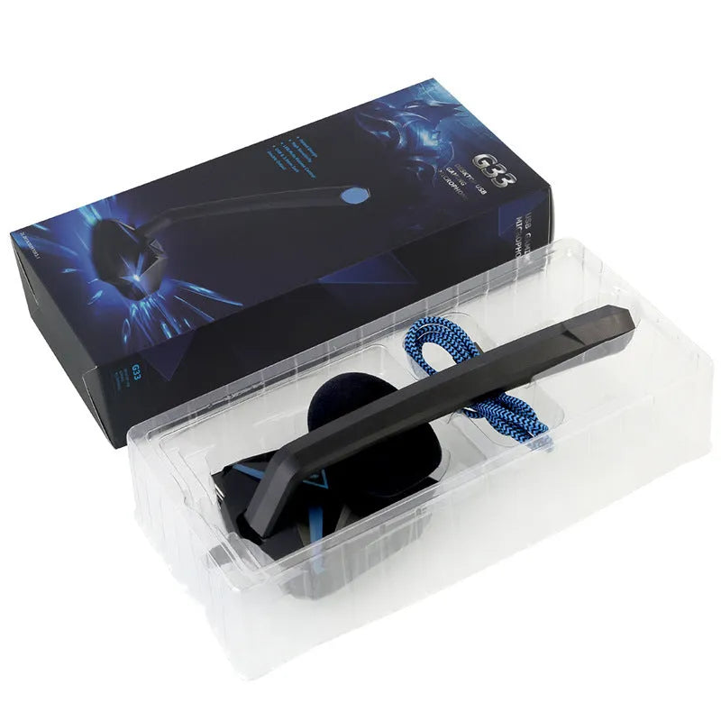 G33 blue omnidirectional USB gaming microphone on desk with 1.5-metre cable