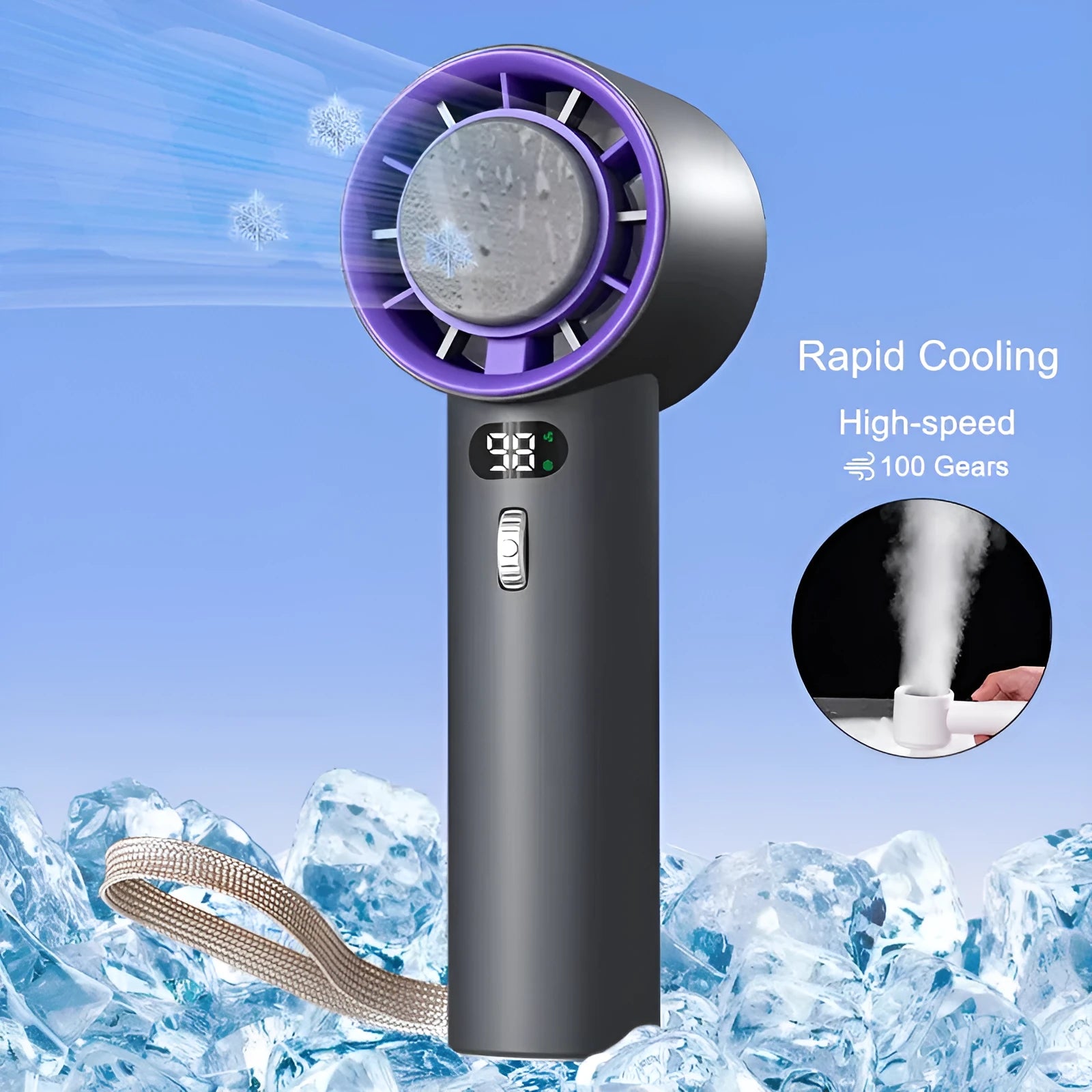 Portable handheld turbo fan with semiconductor refrigeration, 3000mAh battery, adjustable wind speeds, 58x60.5x170mm, white colour option