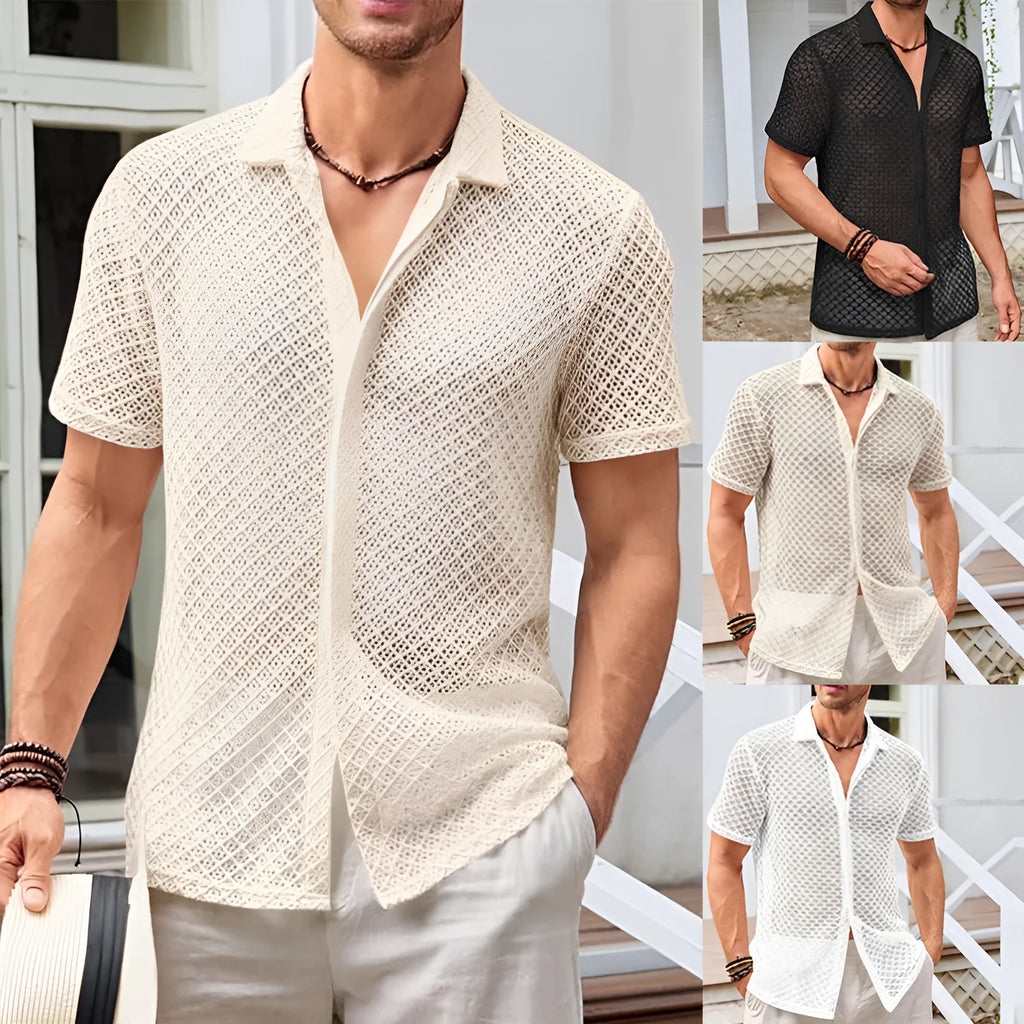 Men's lapel collar short sleeve shirt in cotton blend fabric shown in neutral colours
